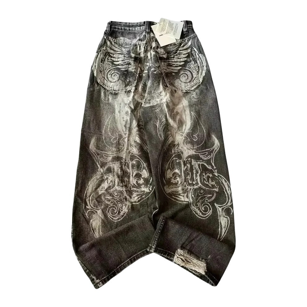 Washed black baggy jeans with winged angel back print