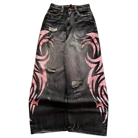 Distressed black baggy jeans with pink tribal print