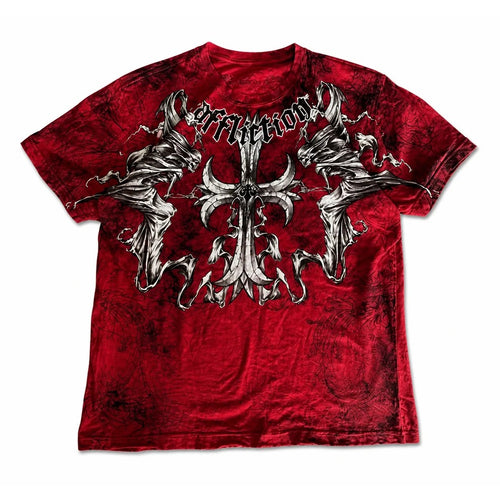Red acid wash gothic cross graphic tee