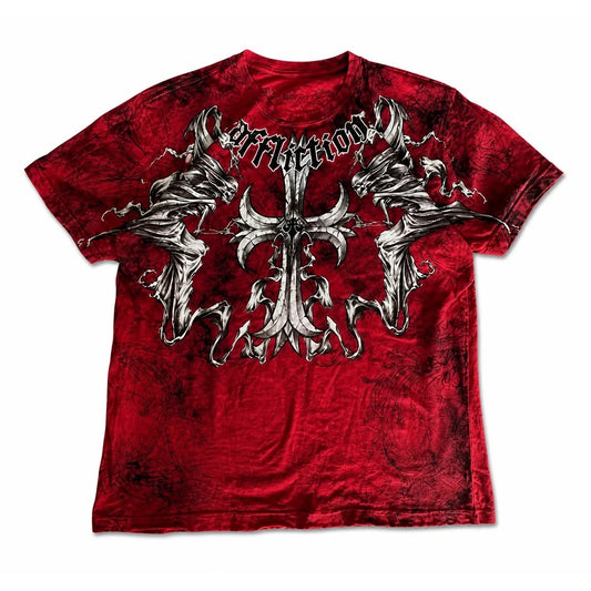 Red acid wash gothic cross graphic tee