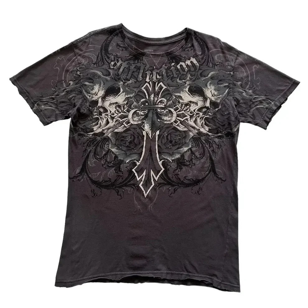 Charcoal twin skull cross graphic tee