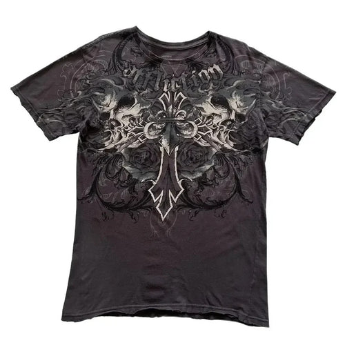 Charcoal twin skull cross graphic tee
