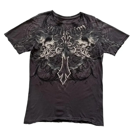 Charcoal twin skull cross graphic tee