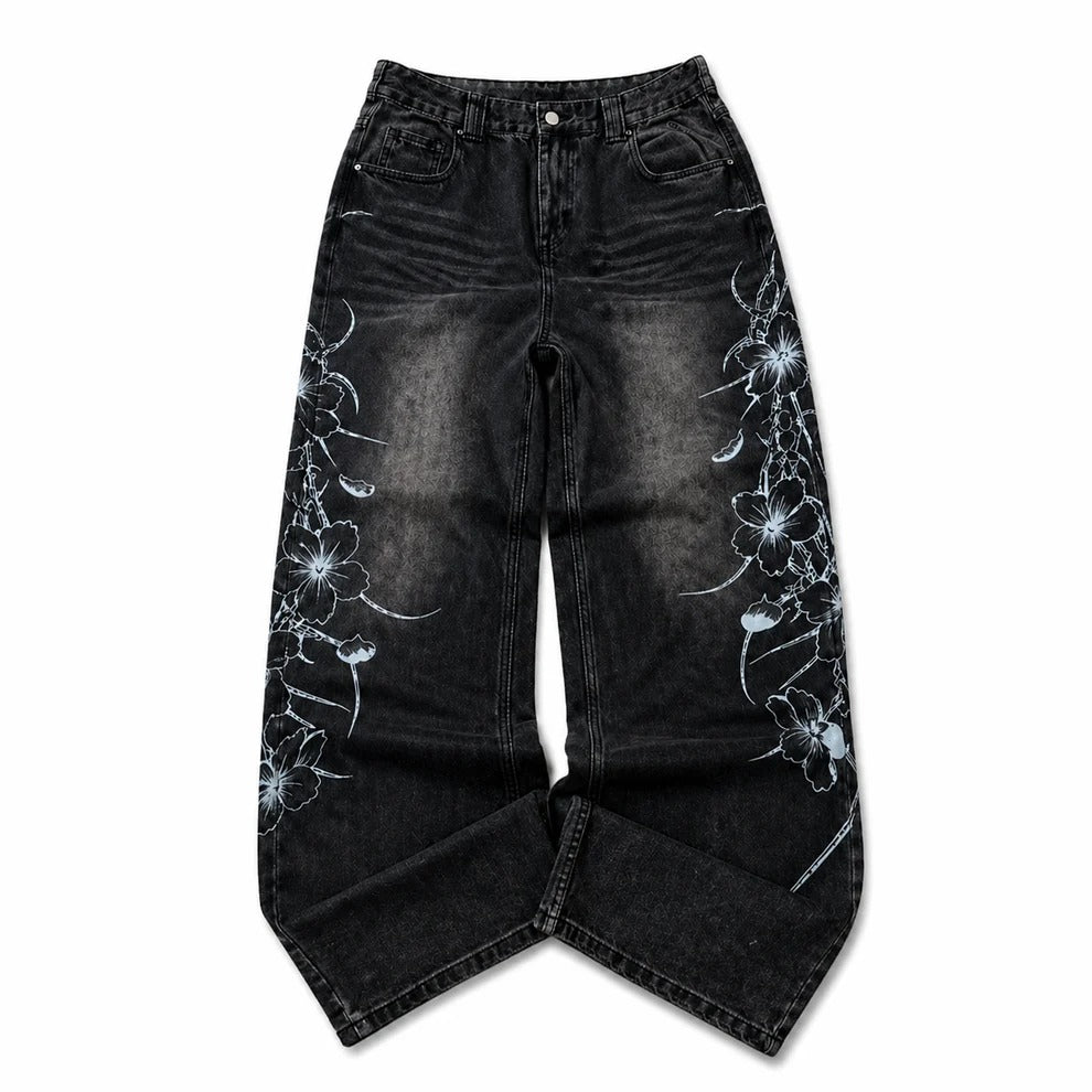 Black wash baggy jeans with white floral thorn print