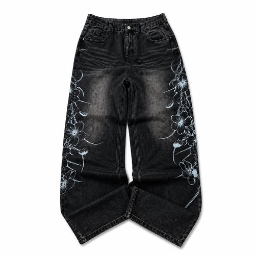 Black wash baggy jeans with white floral thorn print