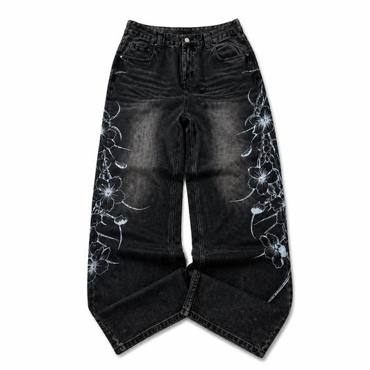 Black wash baggy jeans with white floral thorn print