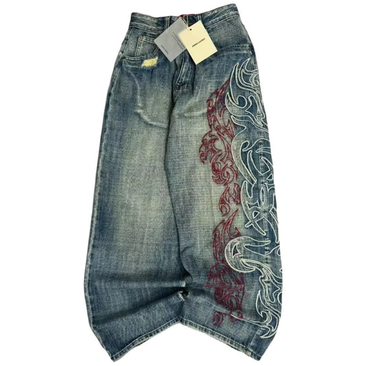 Vintage blue baggy jeans with tribal embroidery